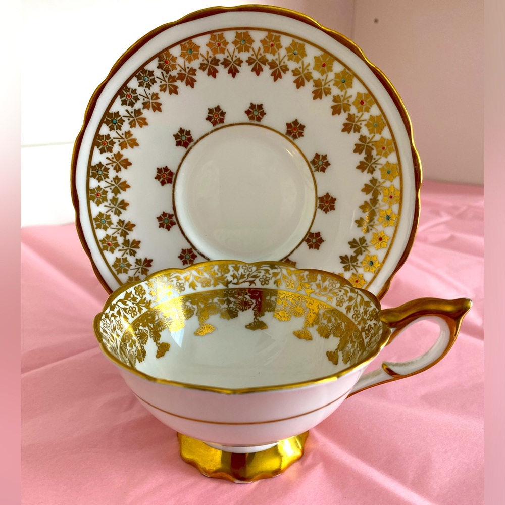 Royal Stafford Bone China Teacup and Saucer in White and Gold Pattern RST77